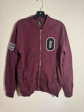 OVO Zip Up Sweater Mens Medium Burgundy Red October Varsity Patch Jacket